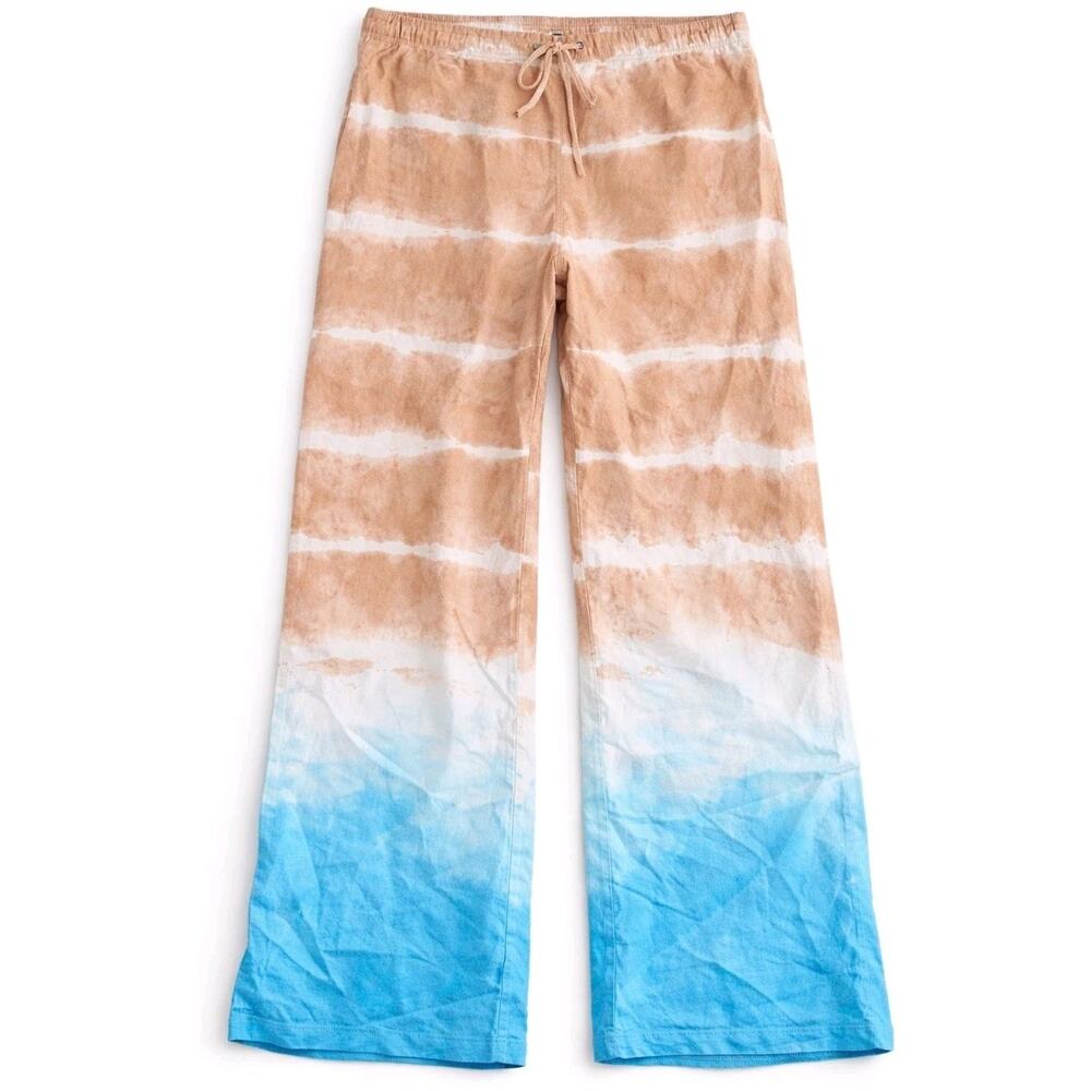Venus Linen Drawstring Wide Leg Pants Women S Tie Dye Tan Blue Boho Beach
